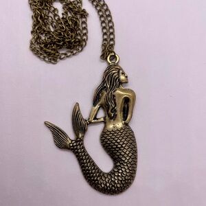 Vintage Antiqued Gold Tone Large Mermaid Pendant Necklace- 27” Chain